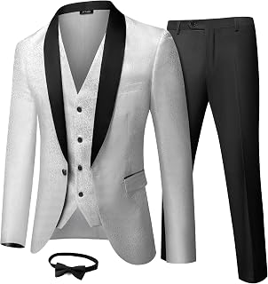 Men's 3 Piece Slim Fit Tuxedo Suit Set, One Button Shawl Collar Floral Business Blazer Jacket Vest Pants with Bow Tie
