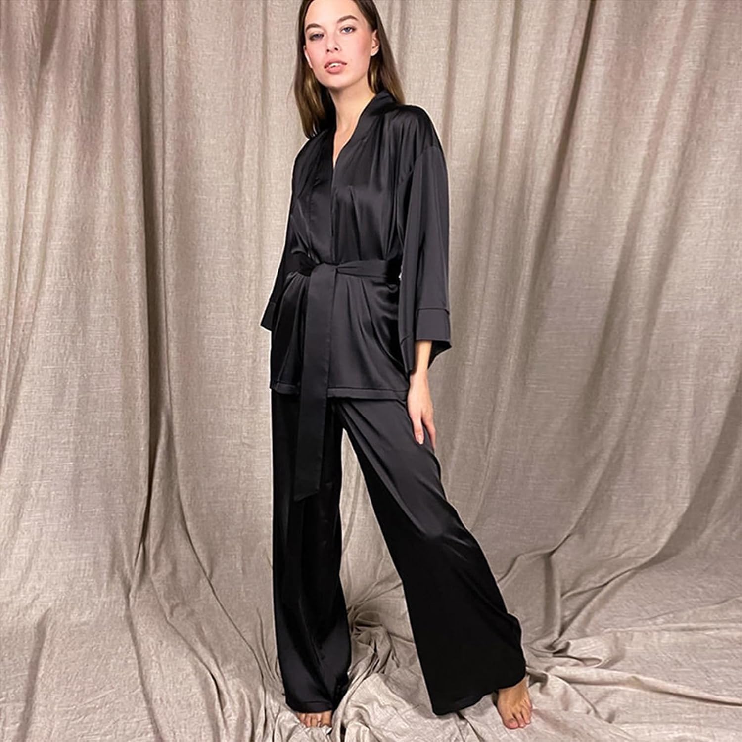 Women Satin Pajamas, Two-piece Sexy Simulation Silk kimono Robe Long Sleeve Silk Pjs for Women Set Sleepwear,Black,S