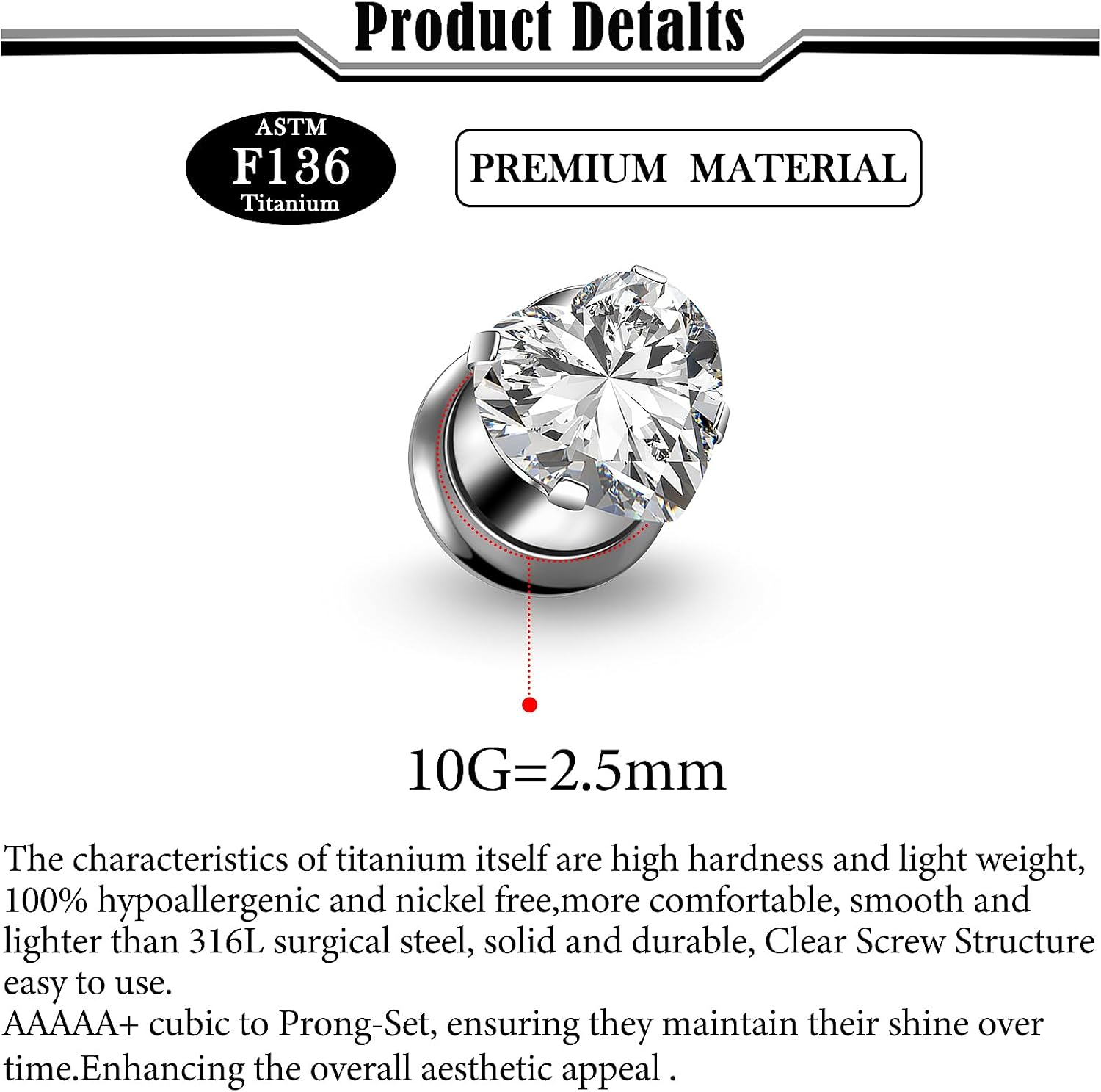 10G-00G Astm F136 Titanium Gauges Tunnels for Ear Screw Fit Heart CZ Ear Gauges Tunnels Plug Earrings Expander Stretcher Piercing Jewelry for Women Men Silver Gold 1 Pairs