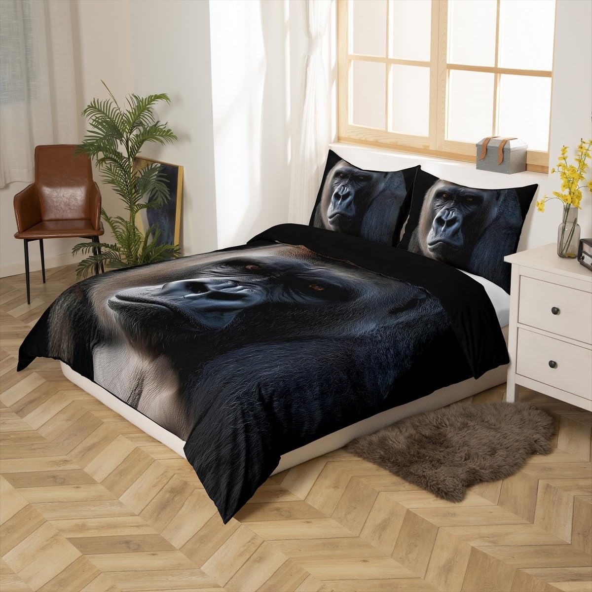 Erosebridal Monkey Bedding Set Chimpanzee Comforter Cover Ape Monkey Quilt Cover Tropical Wildlife Animal Duvet Cover for Kids Boys Girls Teens, Black, Decorative 3 Pcs Queen Size