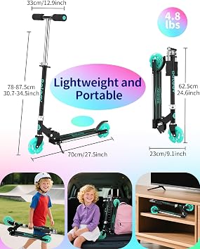 BELEEV V1 Scooters for Kids, 2 Wheel Folding Kick Scooter for Girls Boys, 3 Adjustable Height, Light Up Wheels, Lightweight Scooter with Sturdy Frame, Kickstand for Children 3 to 12 Years Old