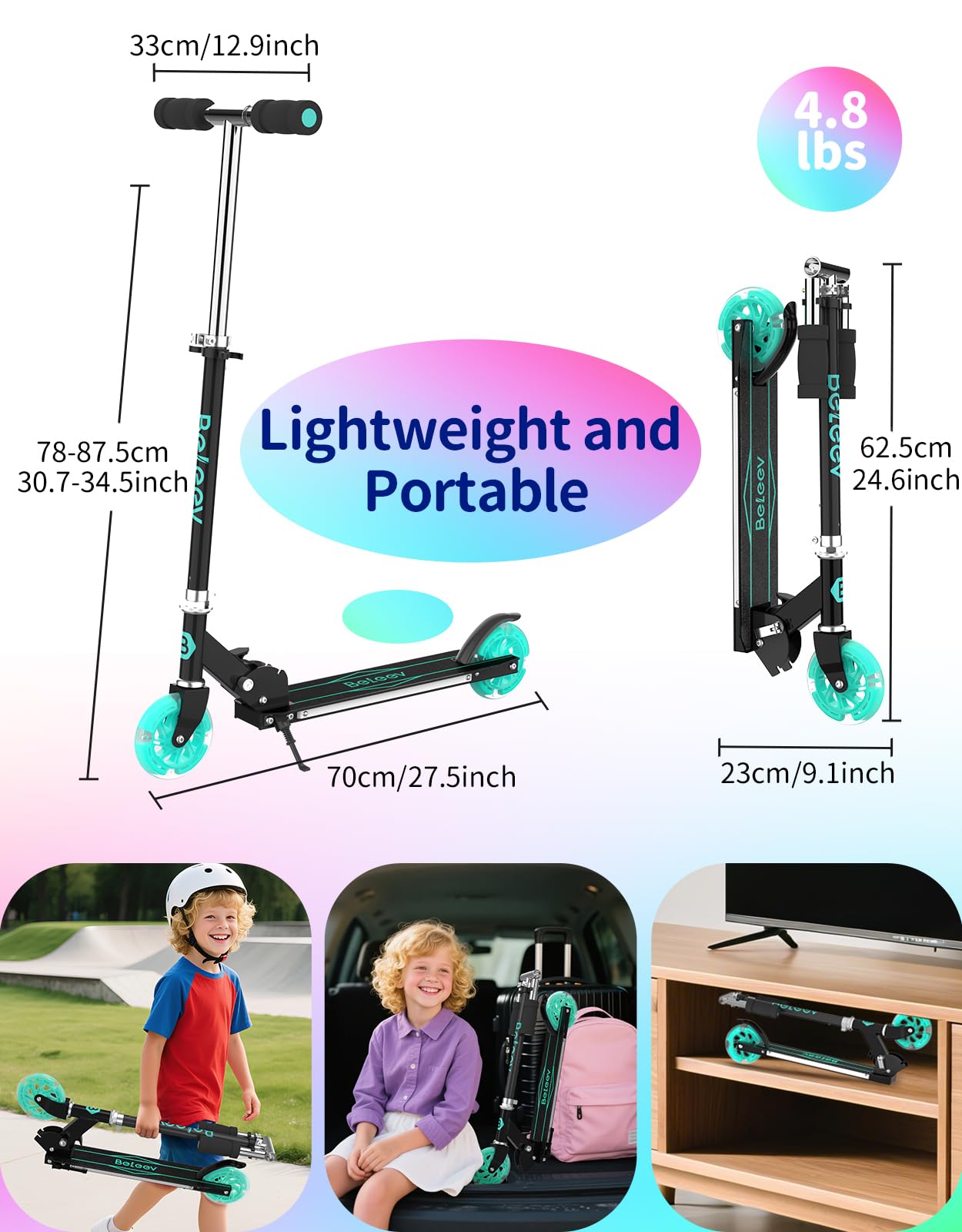 BELEEV V1Plus Roller Kinder 6 Jahre, Faltbare Scooter Kinder mit LED Leuchtenden Räder und Deck, 3 Höhenverstellbarer, Rutschfestes Deck, 2 Räder Kinderroller mit Ständer für Mädchen Jungen 3-12 Jahre