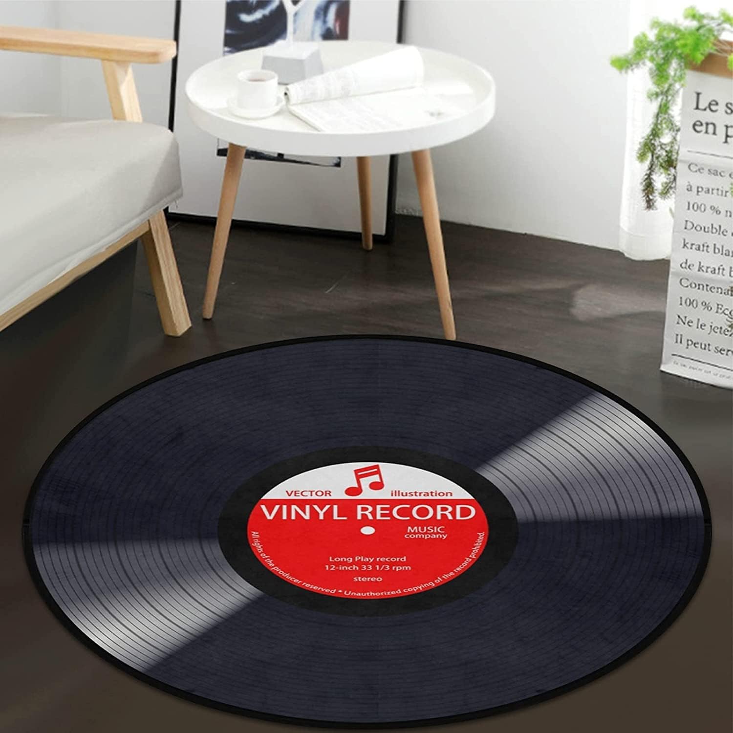 Music Record Black Round Area Rug for Bedroom Living Room Study Playing ，Non-Slip Floor Mat Carpet Home Decor Rugs, 2' x 2' Round