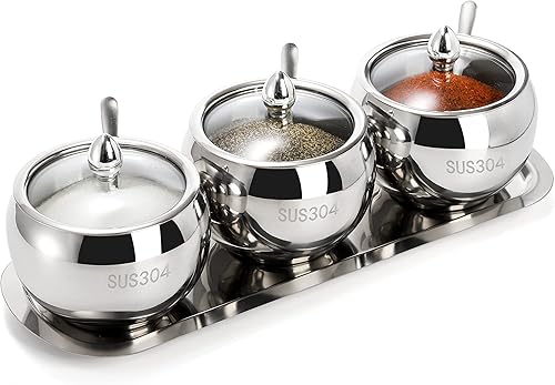 Miniatura 3 de Hedume Juego de 3 contenedores de condimentos de acero inoxidable 304 con 3 rejillas, tapa, cuchara y bandeja, tarros de especias para condimentos,