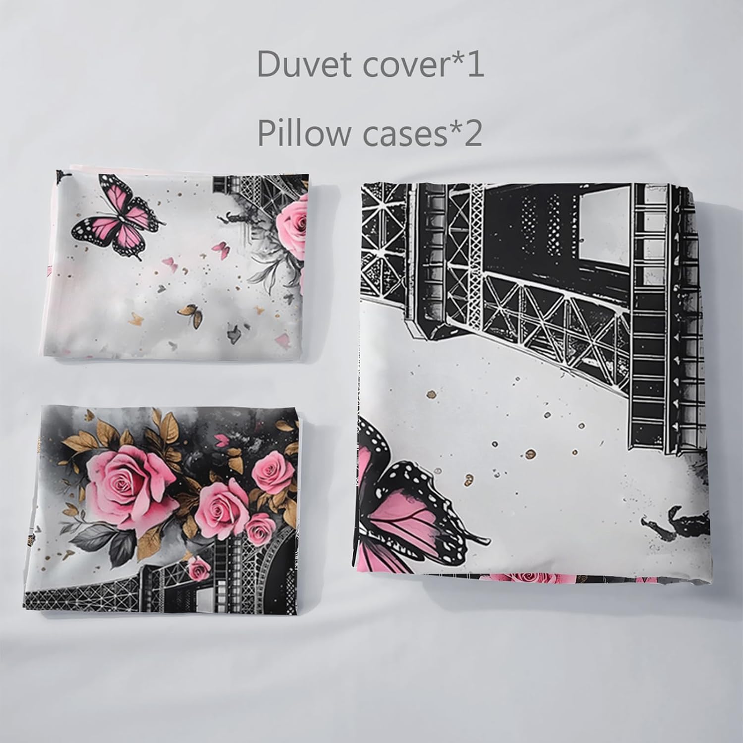 AILONEN Vintage Eiffel Tower Duvet Cover Set for Bedroom Decor, Queen Size,Pink Rose Floral Butterfly Bedding Sets,Romantic Paris Vintage Comforter Cover with 2 Pillowcase,Soft Microfiber