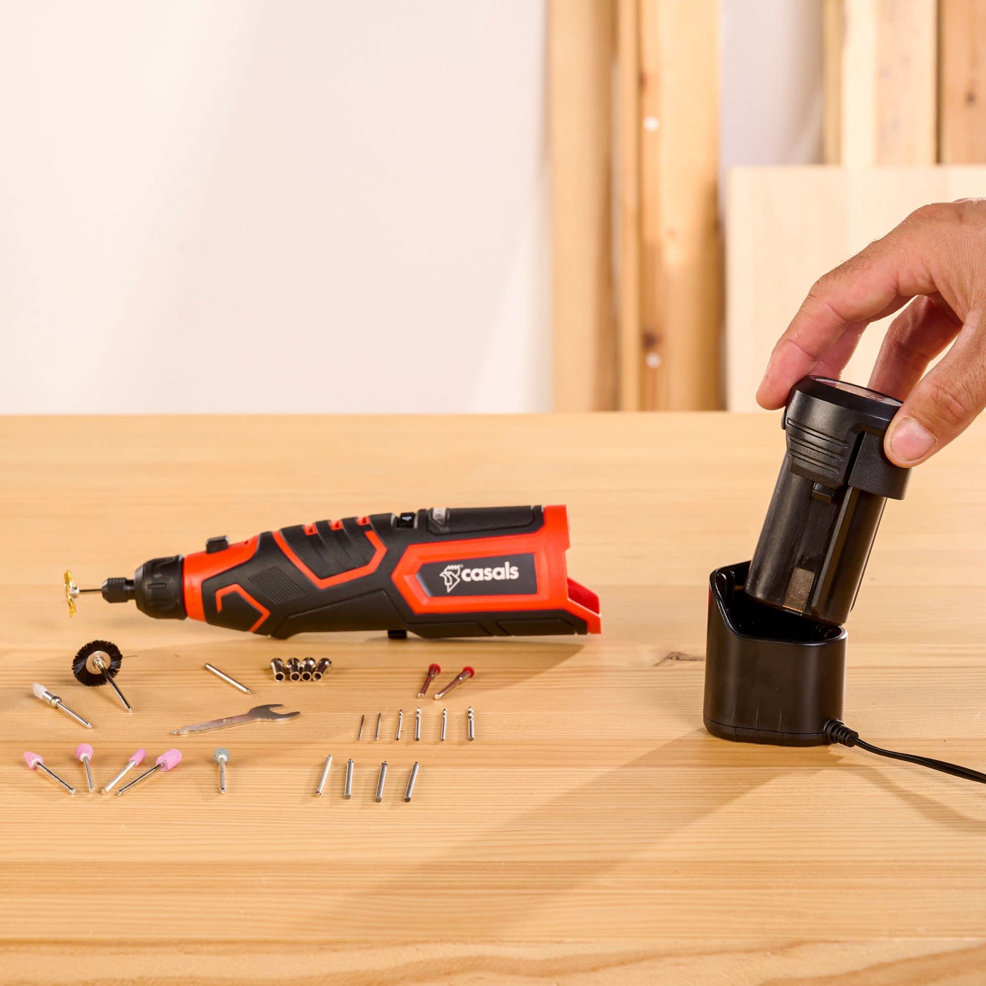 CASALS - Mini amoladora eléctrica de 12V | Multiherramienta con 73 accesorios | Amoladora recta con regulador de velocidad | 6 velocidades (500-25.000RPM) | Herramientas de bricolaje profesional