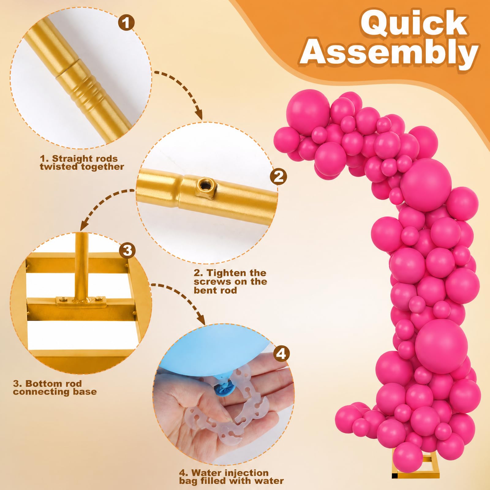 Kit di supporto per arco di palloncini con 145 palloncini rosa di diverse dimensioni, cornice in metallo con 8 sacchetti d'acqua, arco semi-aperto dorato per compleanno, baby shower, decorazioni per