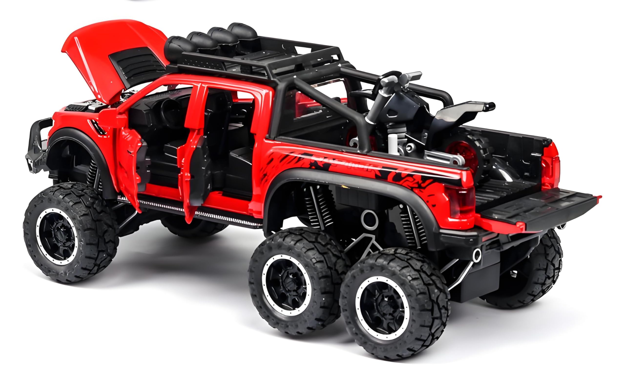 Increfunhome Ford Raptor Diecast Alloy Car Model, 6-Wheel Off-Road Pickup Truck Toy, Opening Doors and Hood, Pull-Back, Multiple Colours (Red)