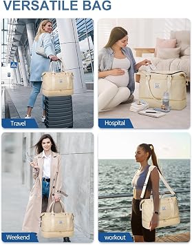 BAGAIL Travel Duffel Bag - Weekender & Overnight Gym Carry On Tote with Wet Pocket - Hospital Mom Bag for Labor and Delivery - Extra Large, Beige