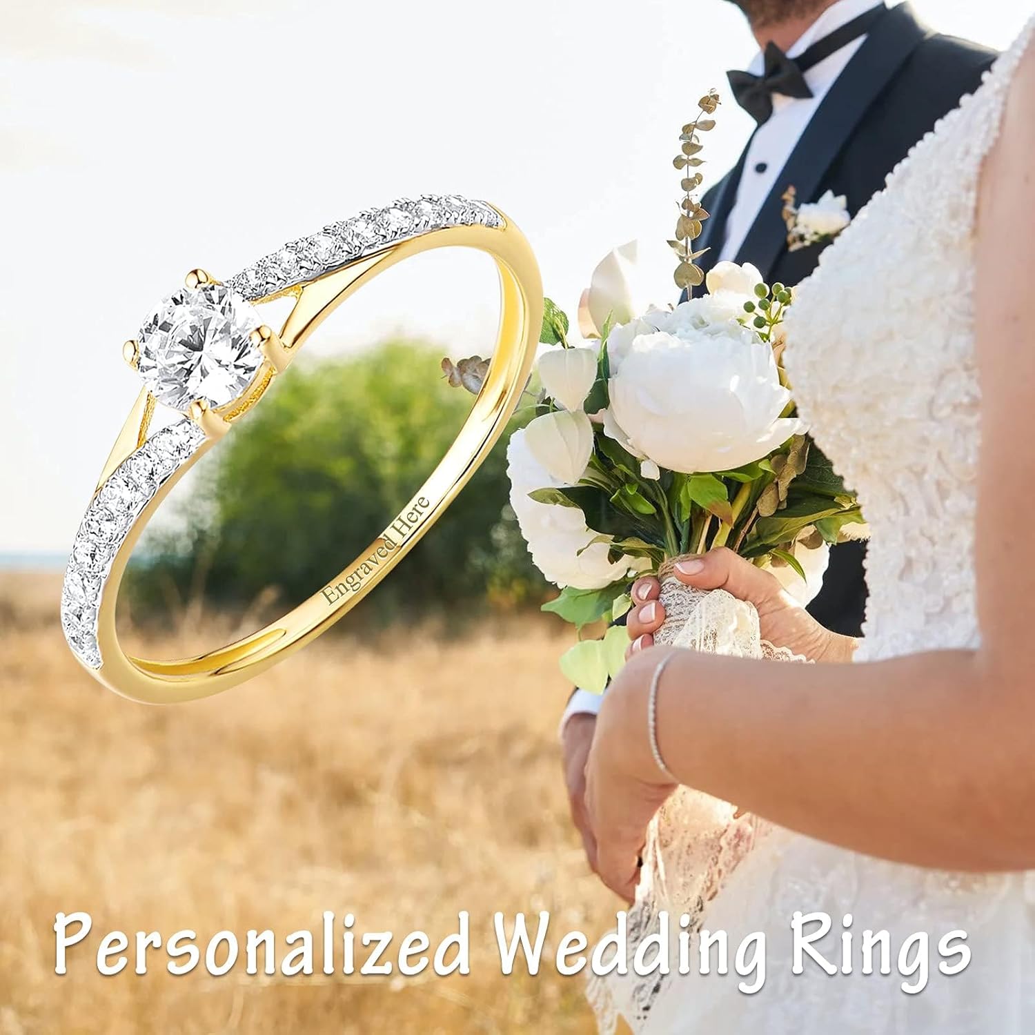 DIYA Personalized Custom 14K Gold Plated Engagement Ring 1CT Moissanite Diamond Solitaire Wedding Ring 925 Sterling Silver Engraved Name Ring Anniversary Mother's Day Jewelry Gifts for Women