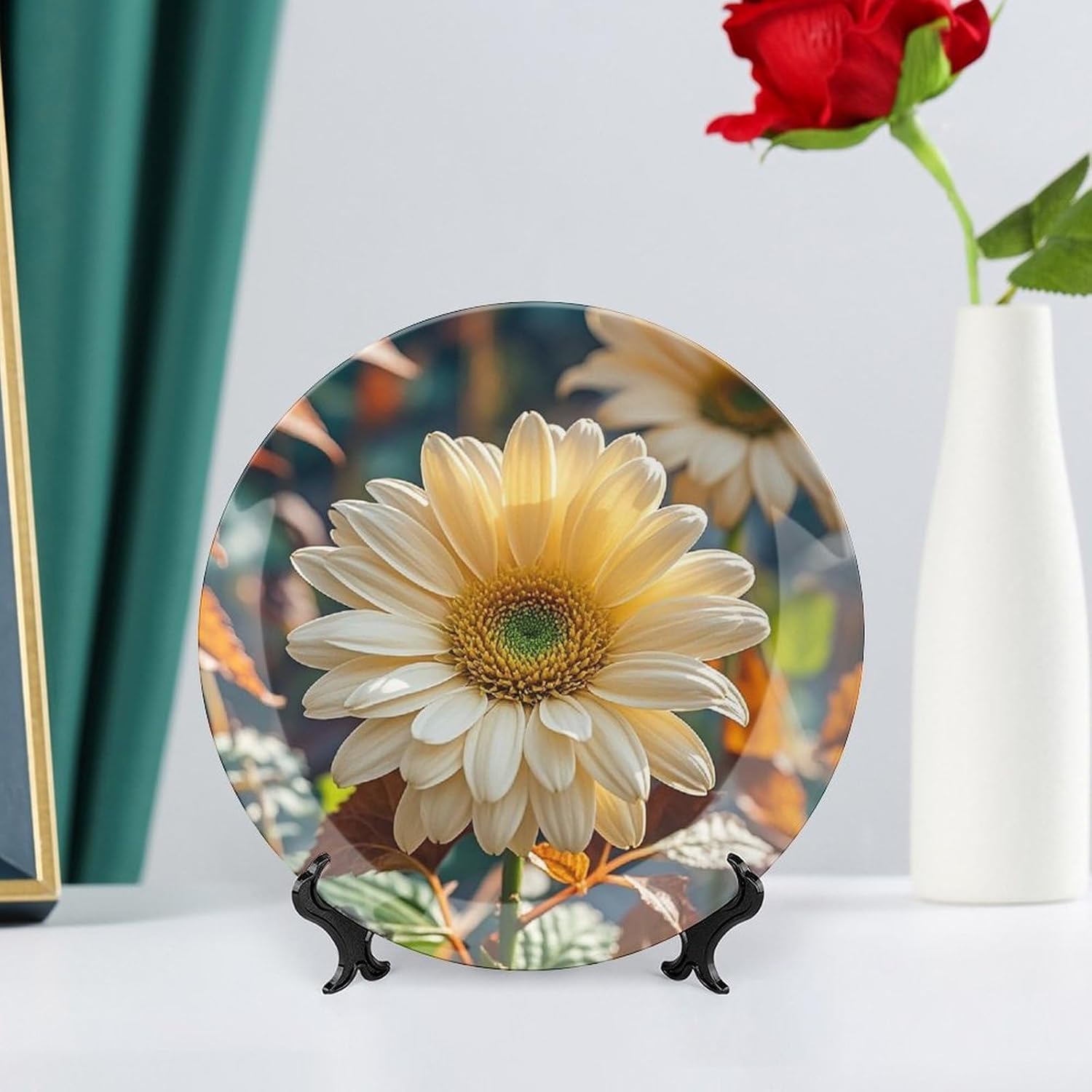 Autumn Flower Leaves Decorative Ceramic Plate Round Porcelain Plate Decor Personalized Bone China Decorative Plates Ceramic Ornaments Dessert Plates with Display Stand 8inch