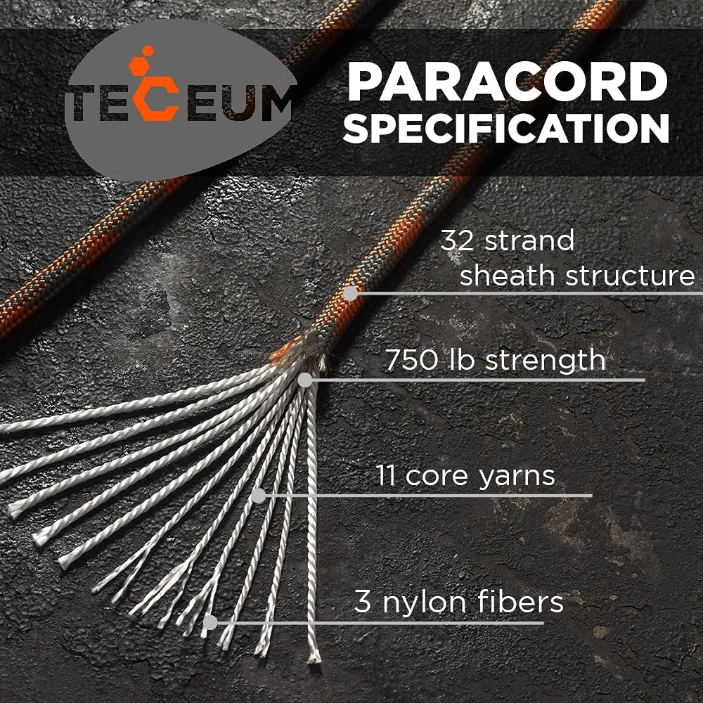 TECEUM Paracord Rope 750 lb – 1000ft / 200ft / 120ft / 100ft / 50ft – String Parachute Cord for Camping, Survival, Outdoor Gear – 35+ Colors – Nylon Utility Rope – Tactical Survival & Camping Kit