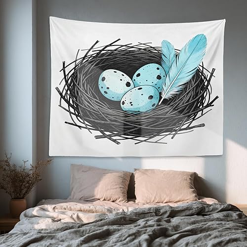 Miniatura 6 de Shrahala Tapiz de pared con diseño de nido de pájaros y animales azules, grises y blancos, lindos huevos de petirrojos, para colgar en la pared,