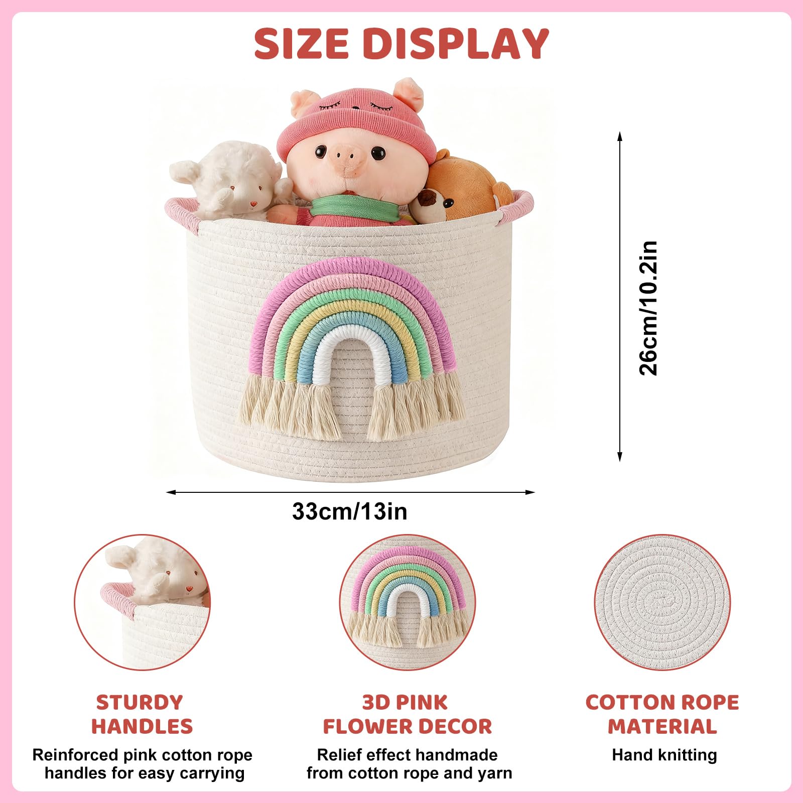 Toy Storage Baskets Woven Cotton Rope Storage Basket with 3D Rainbow Decor for Kids Multifunctional Blanket Baskets for Living Room Toys Organizer with Handle for Gifts Girls Baby Hamper Nursery - Image 2