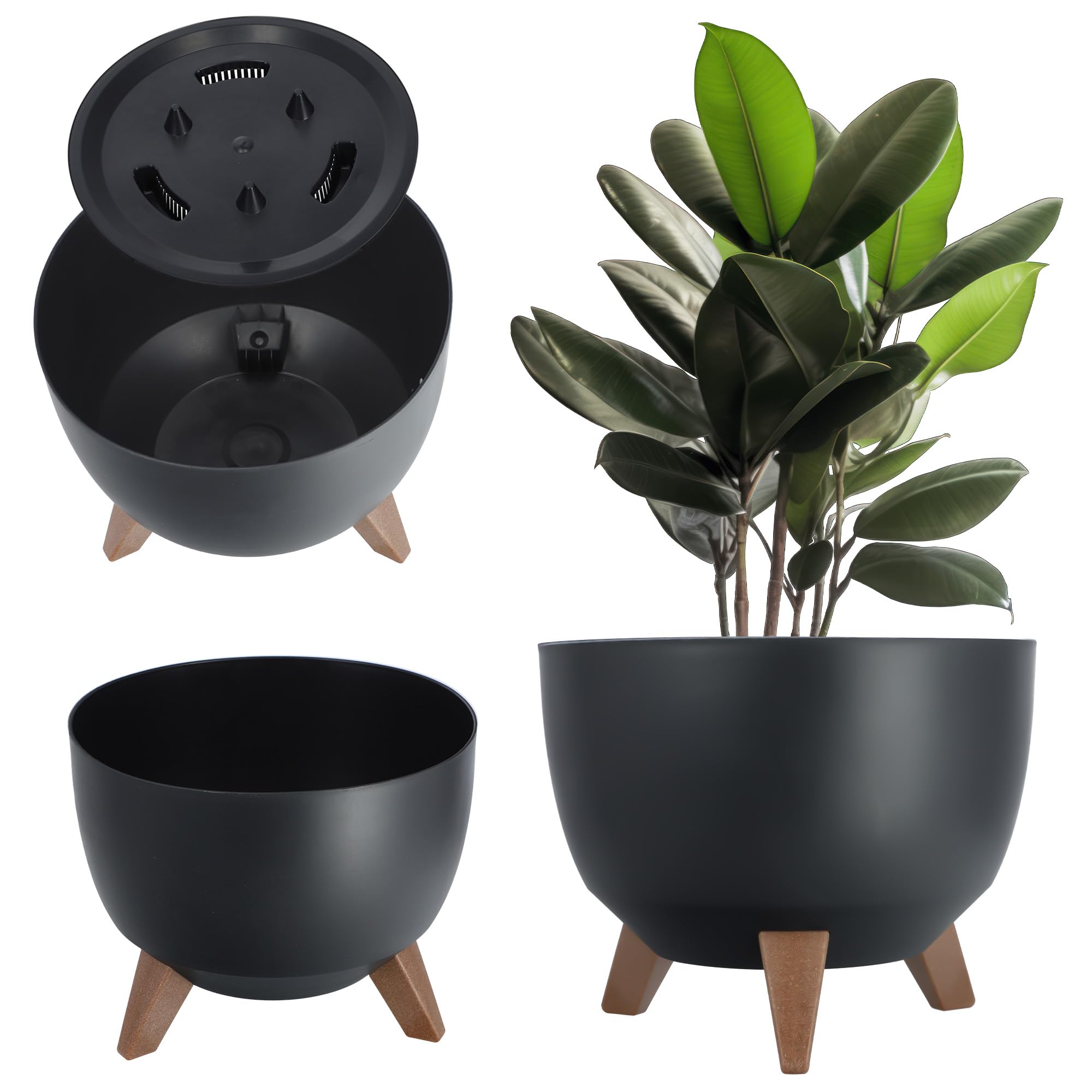 KADAX Plastic Flower Pot with Three Stands, Round Flower Bowl, Flower Pot, Flower Pot, Flower Pot, Balcony, Living Room (39.5 cm, Anthracite) — view 29