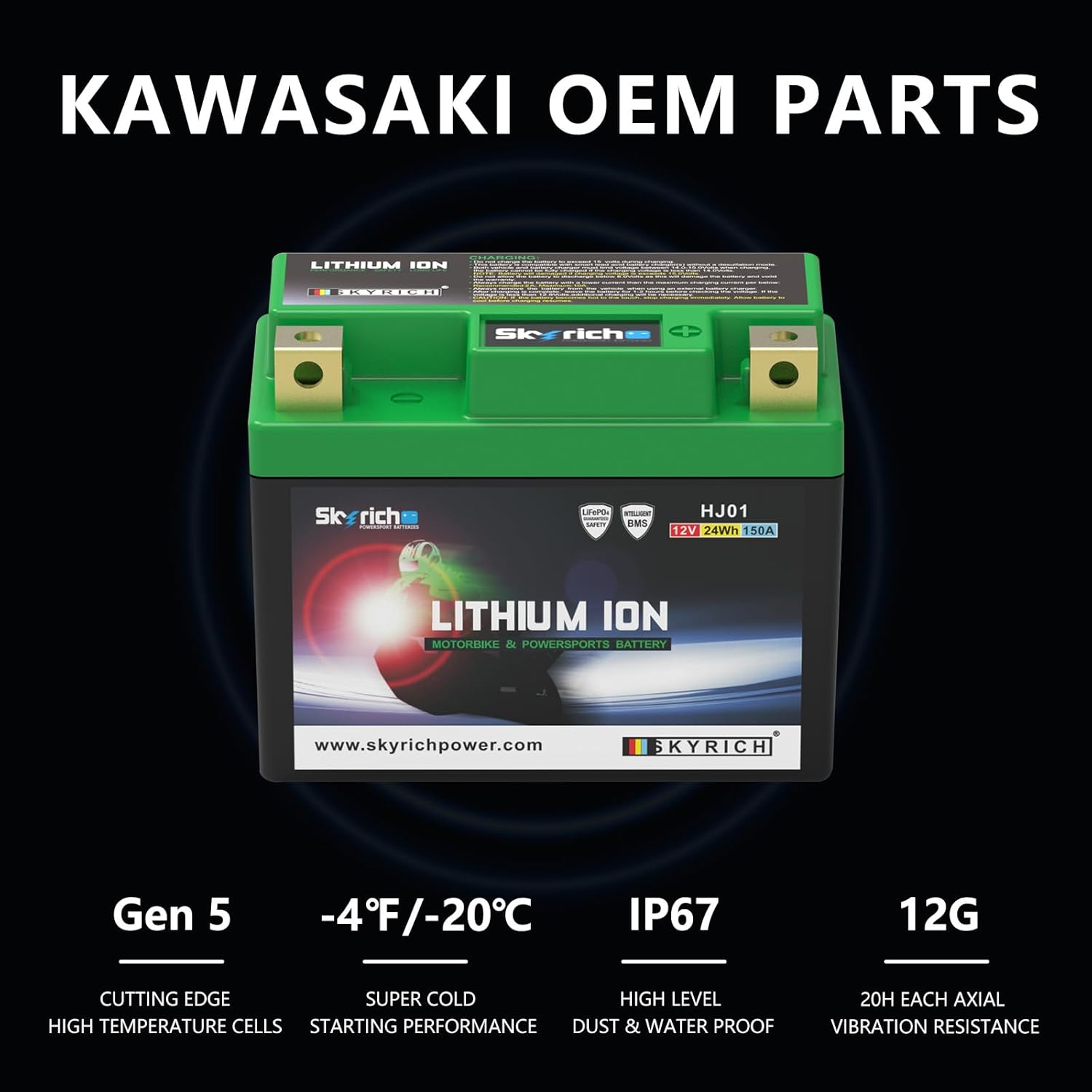 Skyrich HJ-01 Lithium Motorcycle LiFePO4 Battery,Rechargeable High Performance-12 Volt 2AH 150CCA, Genuine OEM Part,Motorcycle Battery Compatible with Kawasaki Scooter Snowmobile