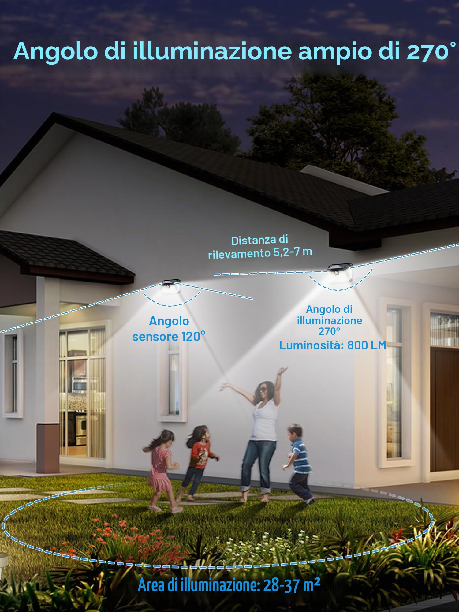 Luci solari per esterni, 188 LED, confezione da 6, luce bianca fredda, sensore di movimento, impermeabile IP65, 3 modalità, luci di inondazione ad energia solare, per giardino, porta, cortile