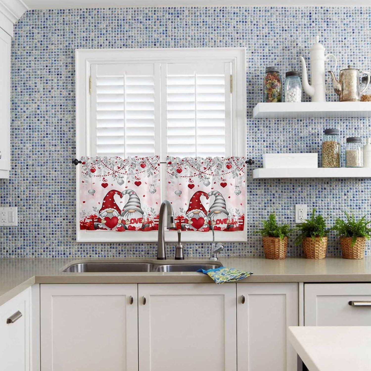 Valentines Day Red Heart Gnome Leaves Short Window Curtains Tiers, Romantic Pink Semi Sheer Rod Pocket for Kitchen/Living Room/Bathroom/Couples Bedroom, 2 Panels 27.5x36 Inch