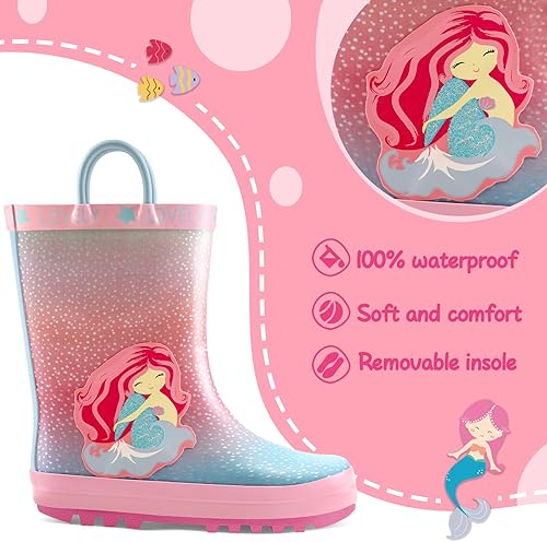 Miniatura 6 de Botas de agua para niños y niñas de Mysoft, impermeables, de hule, con bonitos animales impresos, con asas para que se las puedan poner con facilidad