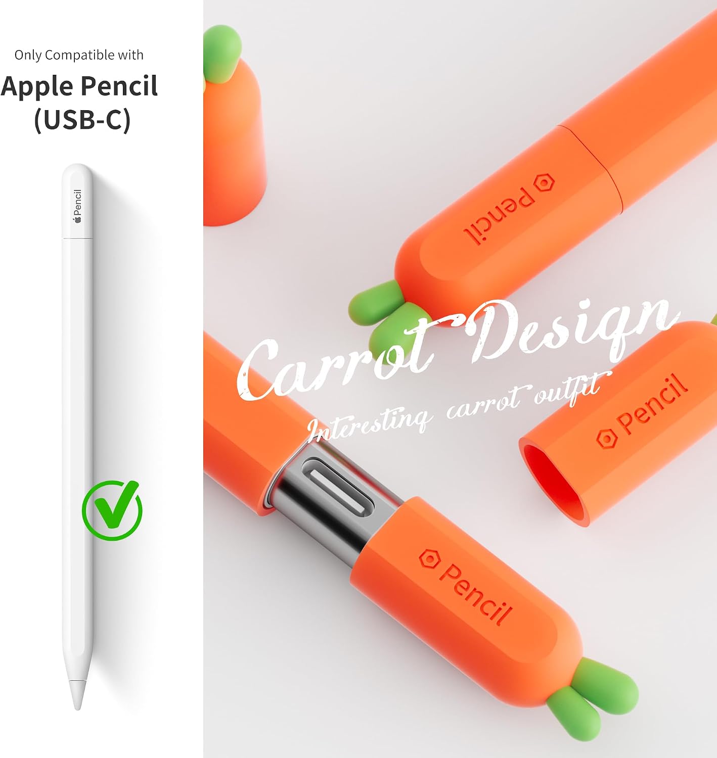 ELETIUO Silicone Case Compatible with Apple Pencil (USB-C),Protective Holder Grip Sleeve with Cap Accessories,Anti-Slip Cover Supports Magnetic Compatible with Apple Pencil 3rd Generation,Carrot image 5