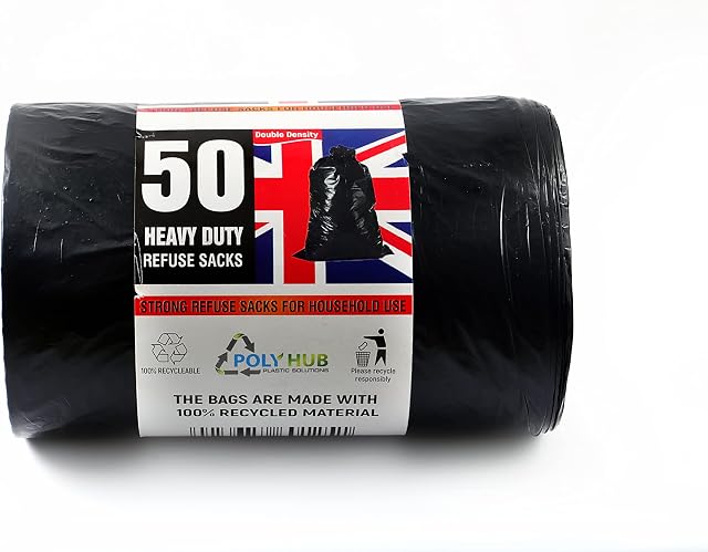 HOME CIRCLES 50 Black Plastic Bin Bags Heavy Duty Bin Liners - Made From 100% Recycled Material