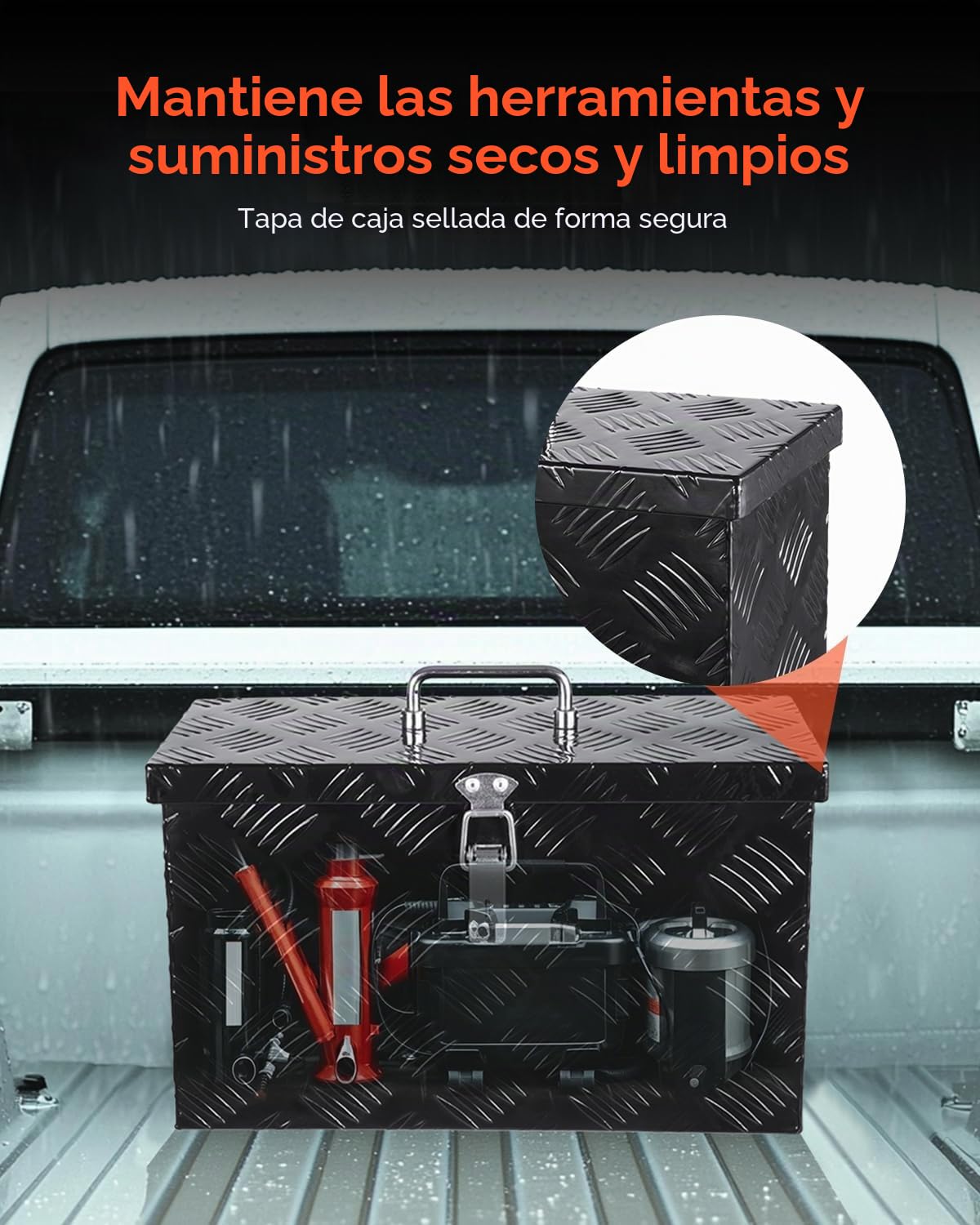 VEVOR Caja de Herramientas de Aluminio Resistente a Caja de Camioneta, con Diseño a Rayas, Asa Lateral y Superior, para Remolque, Camioneta, Autocaravana, 406 x 190 x 254 mm, Negro, Carga 20 kg