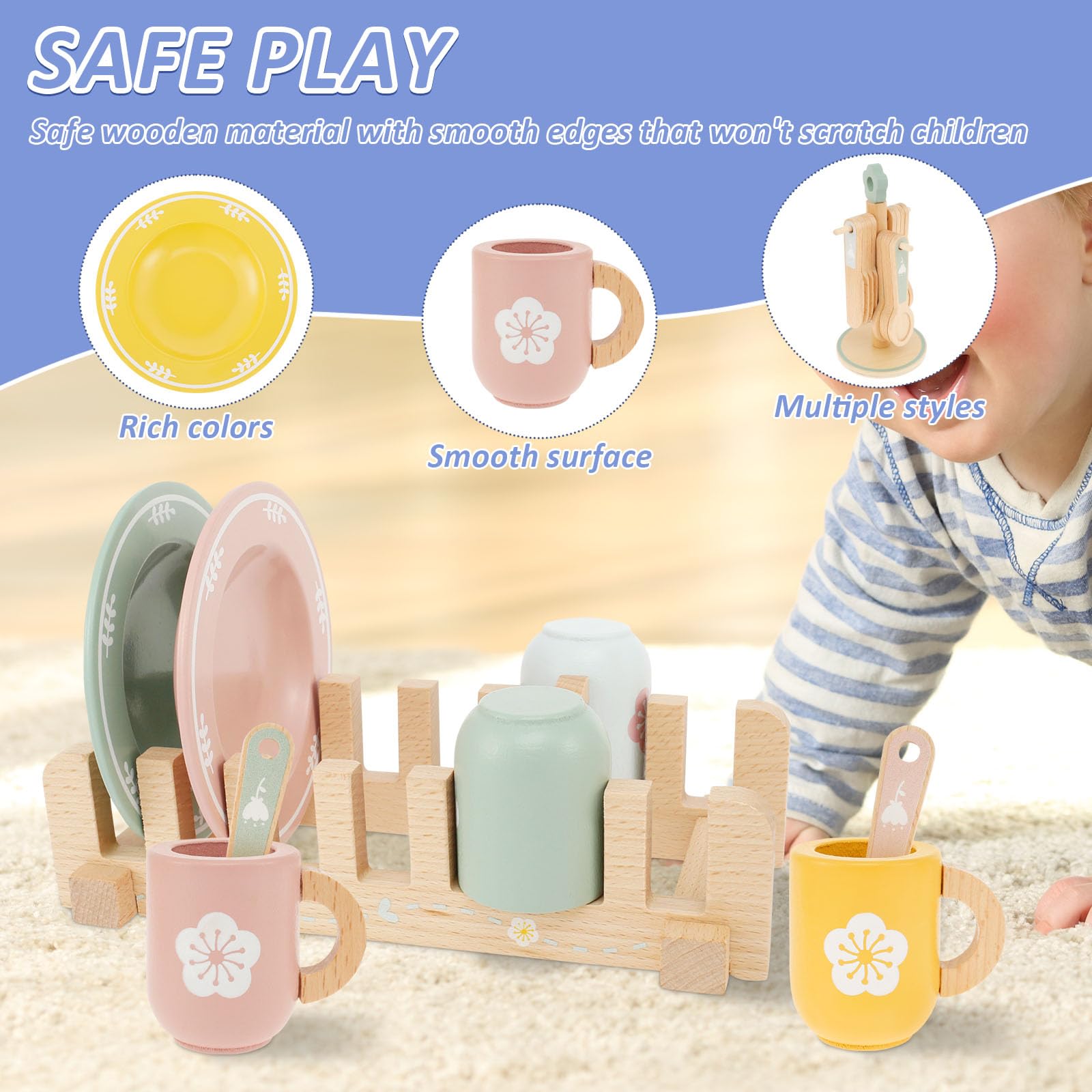 MENIBBLER Wooden Kitchen Toys, Kid Wooden Dinnerware Toy Set, Wood Kids Kitchen Playset - Image 4