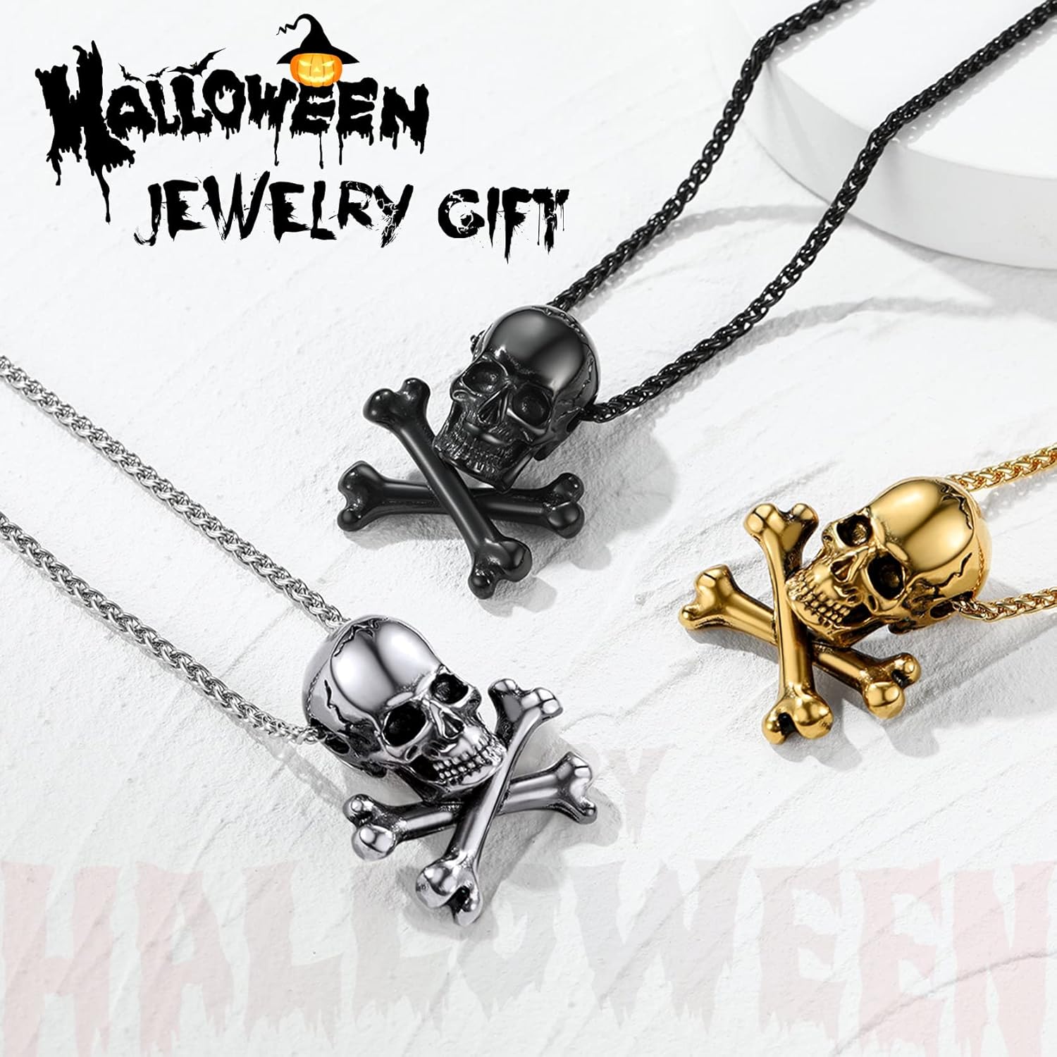 GoldChic Jewelry Skull Necklaces For Men, Stainless Steel Gothic Skeleton Necklace Viking Norse Runes Halloween Gifts for Man