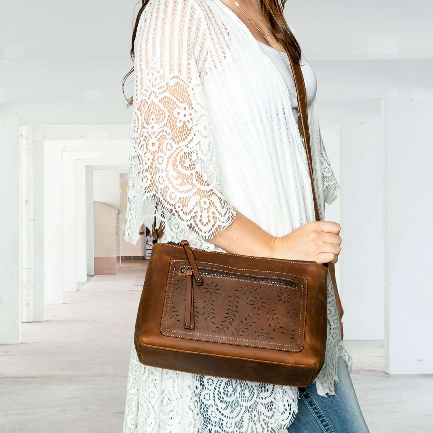 Lady Conceal Concealed Carry Brynlee Distressed Leather Crossbody, Medium Brown CCW Bag