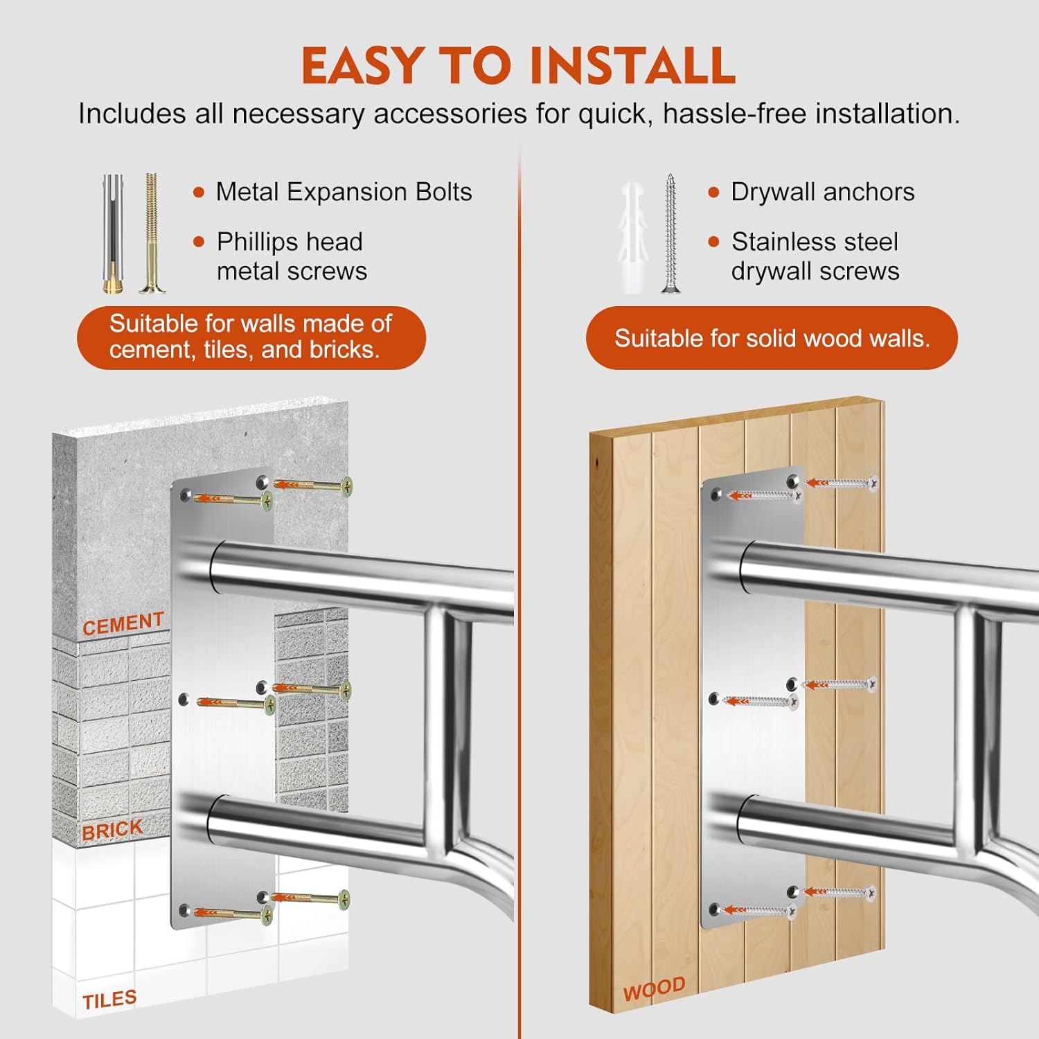 Handrails for Outdoor Steps Wall Mount, 2026 Upgrade 304 Stainless Steel Porch Railing, Deck Hand Rail Wall Mount Stair Hand Grab Bars Suitable for Indoor, Garden, Garage, Porch, Courtyard