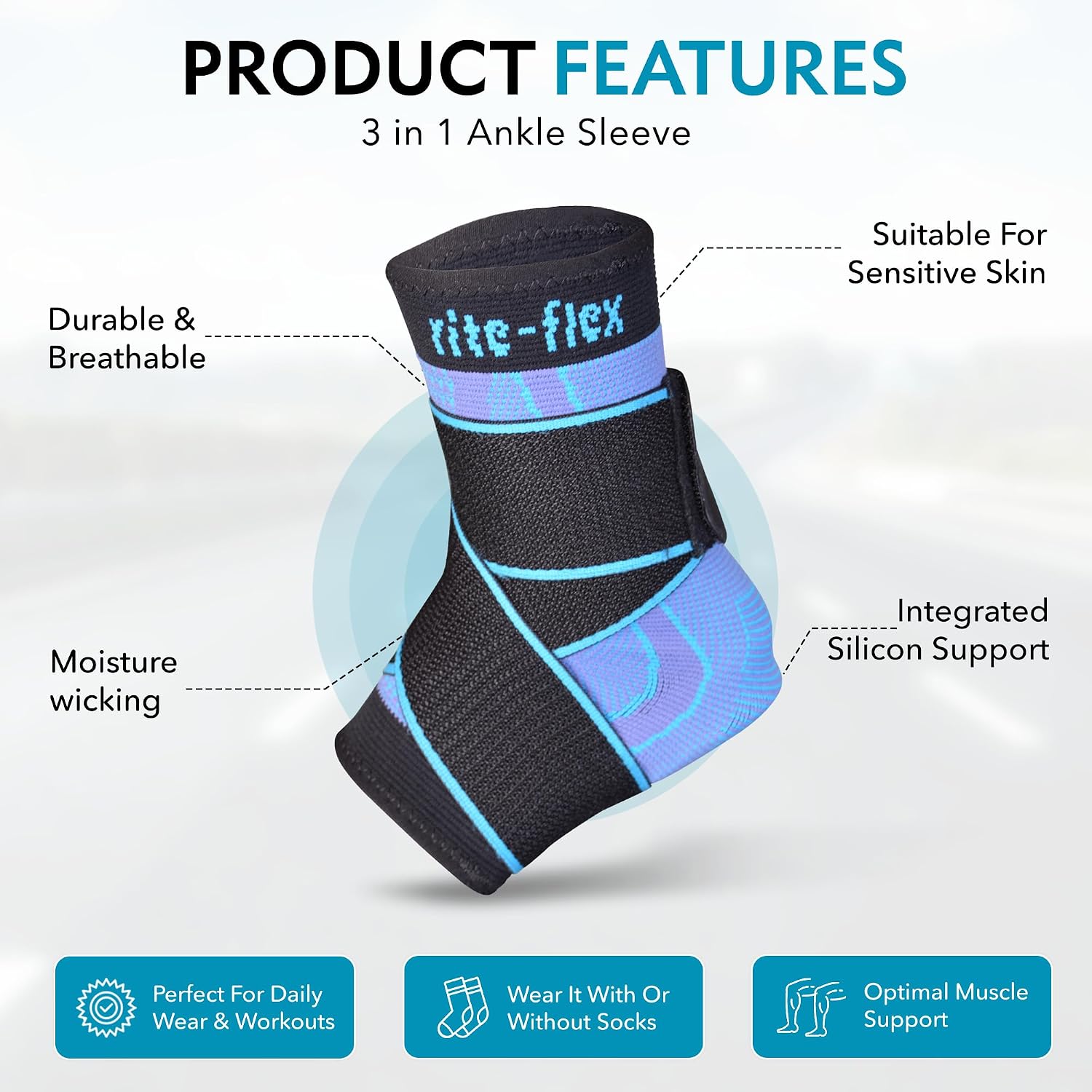 Rite-Flex 3-in-1 Ankle Compression Sleeve with Silicone Heel Pad - Ankle Brace for Sprains, Foot Fatigue, Post Surgery, Plantar Fasciitis Relief & Support (2, Large)