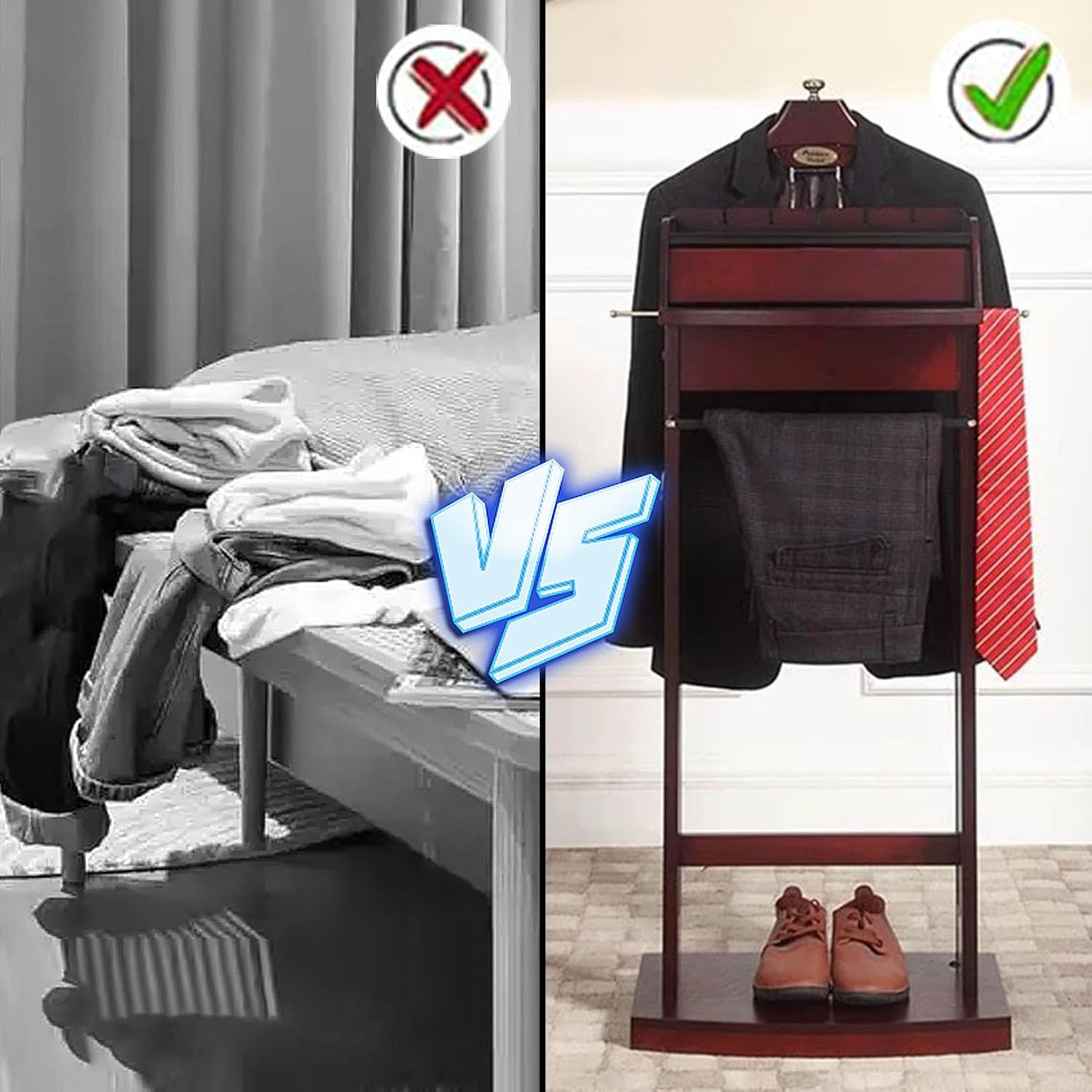 Suit Valet Stand for Men Wooden Freestanding Clothes Rack with Top Tray Storage Sturdy Base Coat Hanger Organizer for Bedroom Living Room