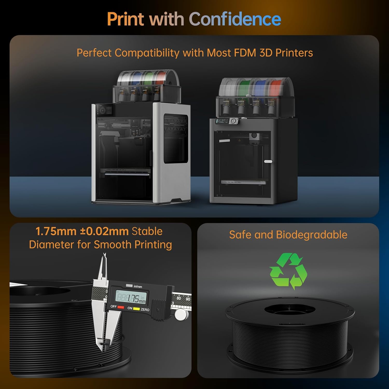 BIQU CarbonCore25 PA 3D Printer Filament 1.75MM 1KG (2.2lbs) for Most FDM 3D Printers, 15-25% Carbon Fiber Core Industrial-Grade Strength (Black)