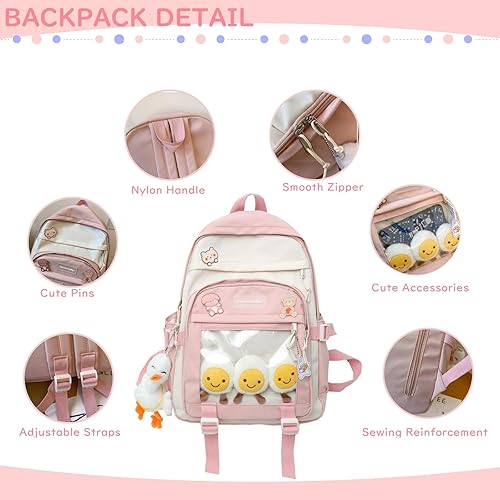 Vista 3 de Mochila Kawaii para niñas con alfileres y accesorios, linda mochila estética para niños, bolsas para libros para adolescentes
