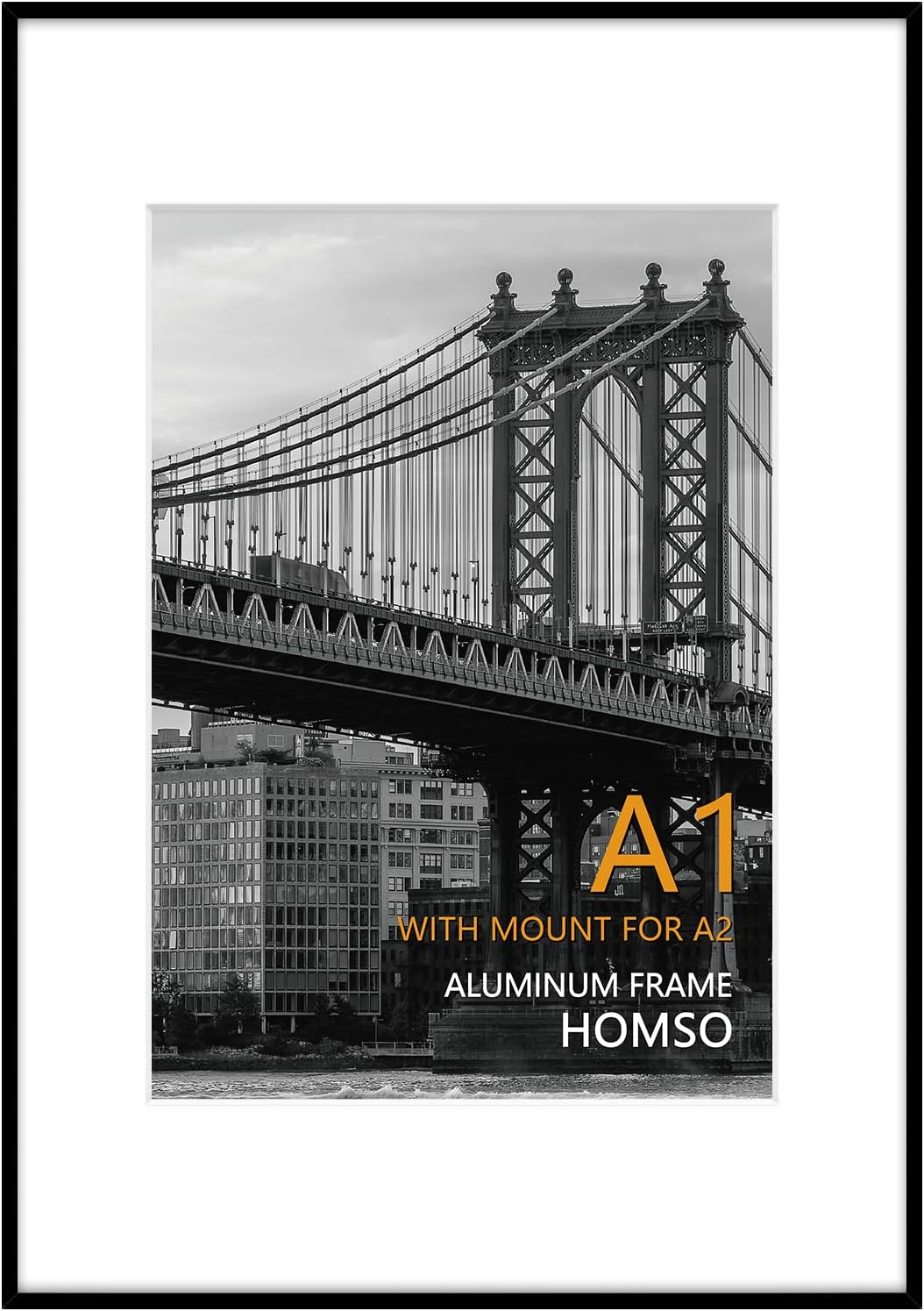 Homso A1 Poster Frame in Black, Metal Thin Board A1 Frame with Acrylic Plexiglass for Pictures A2 with Mat or 23.4x33.1 without Mat for Horizontal and Vertical