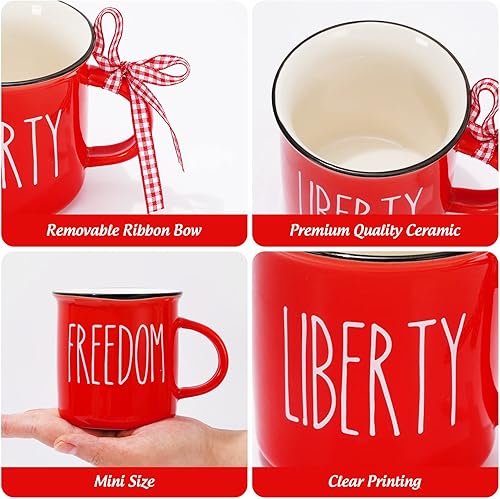 Miniatura 3 de Whaline 6 mini tazas de café patrióticas con cinta a cuadros, rojo, azul, blanco, mini tazas para beber God Bless America, bandeja patriótica con