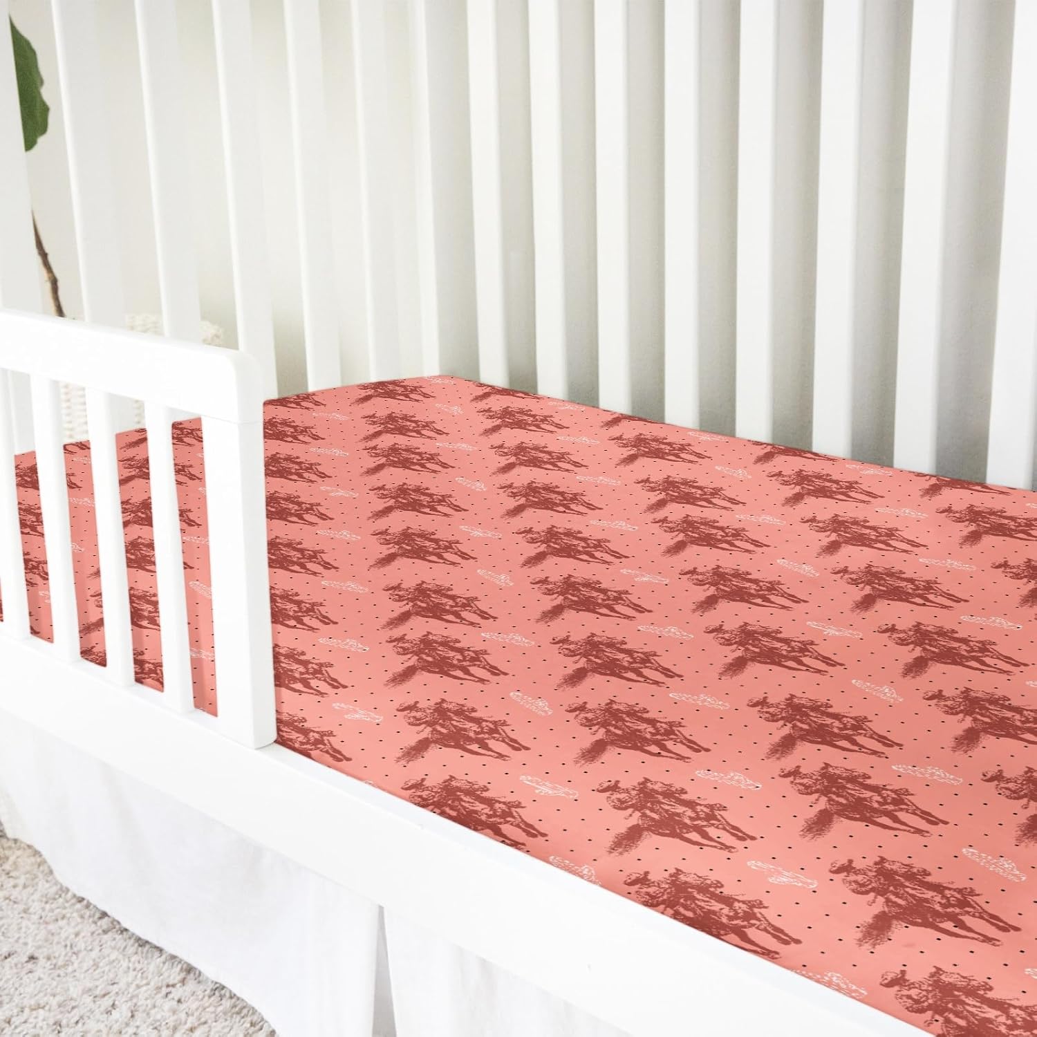 Pink Western Cowboy Cactus Baby Crib Sheets 52''x28'' Vintage Cowboy Horse Snug Fitted Crib Mattress Cover for Boy Girl Retro West Plants Soft Baby Bed Sheets for Standard Crib and Toddler Mattress