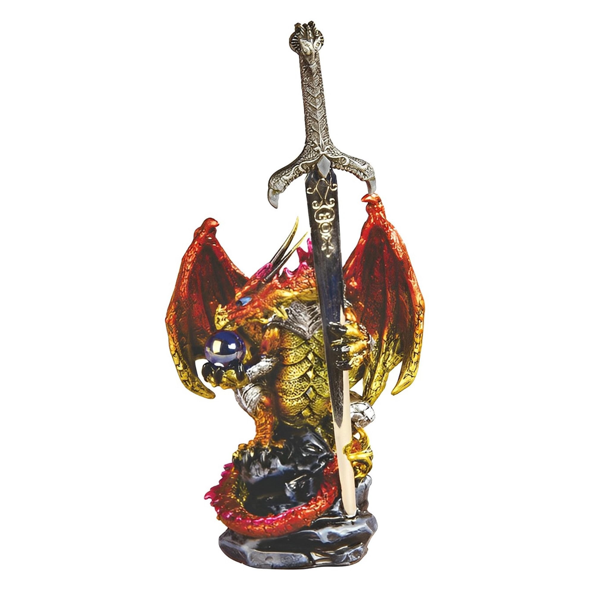 Figurine dragon rouge avec épée ICE ARMOR, statue de bureau aux finitions multicolores minutieuses