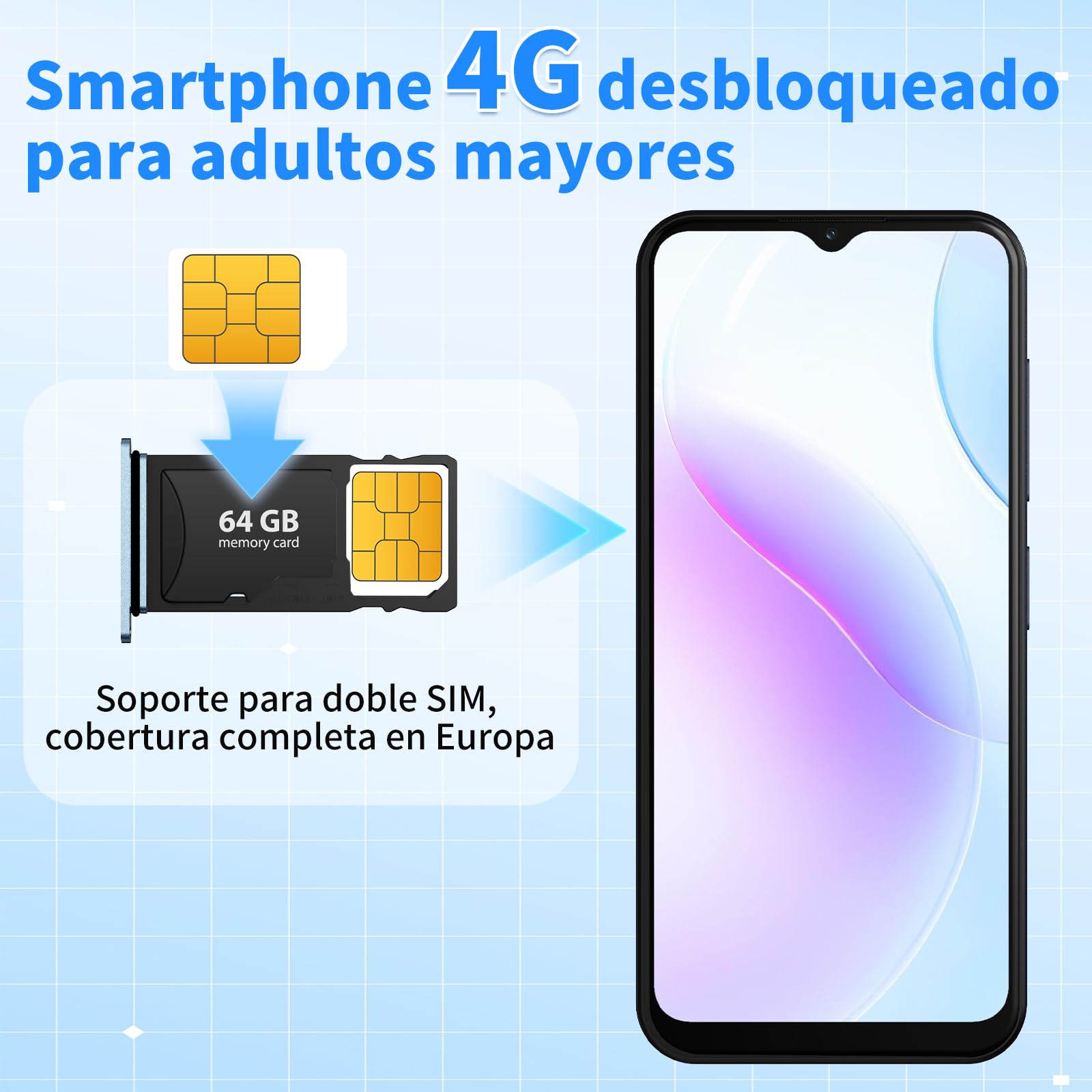 uleway Teléfono Móvil para Personas Mayores 4G, Iconos Extragrandes, Azul | Modo Senior, Doble SIM, GPS, 4+64 GB, Android 15, Pantalla HD de 6,6", Batería 4000 mAh con Base, Botón SOS