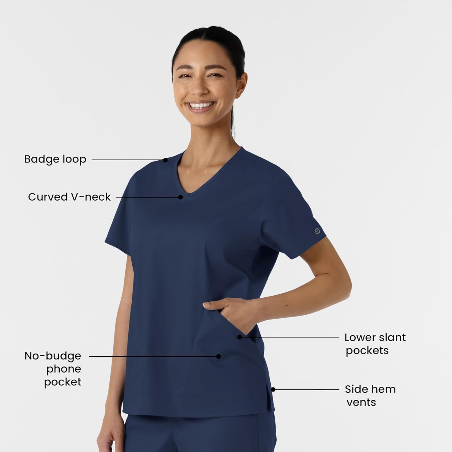 Wink Work Scrubs for Women, Curved V-Neck Scrub Top - Navy, XS - Image 2