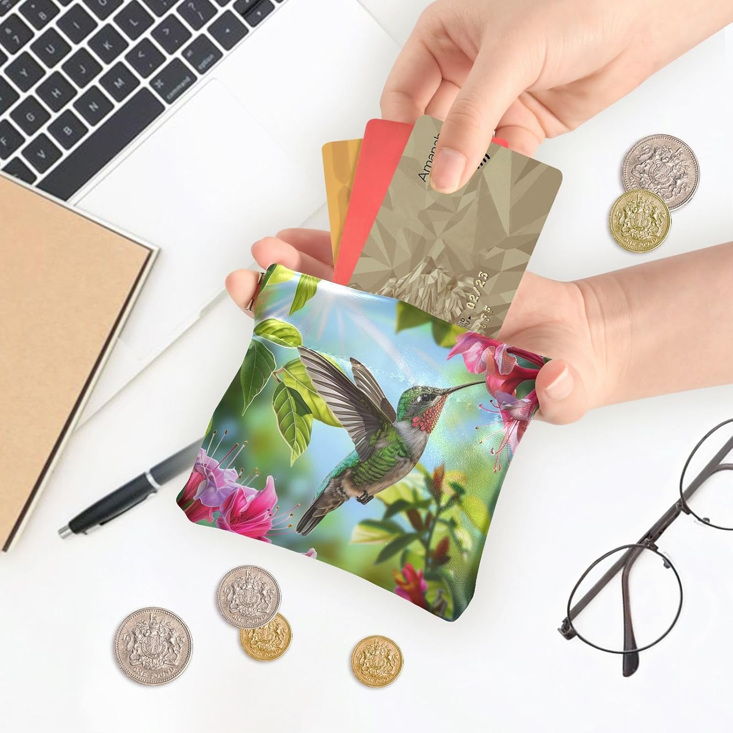 Coin Purse Pouch Squeeze Soft Leather PU Mini Wallet Small Change Holder Cute Aesthetic for Women Girls Men-Flower Humingbird