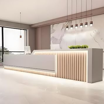 Modern Reception Counter Front Desk with Lockable Drawer, Front Desk Checkout Counter, Customizable Logo, DIY LED Light, No Assembly Required, Ideal for Office or Retail Use Left, 55