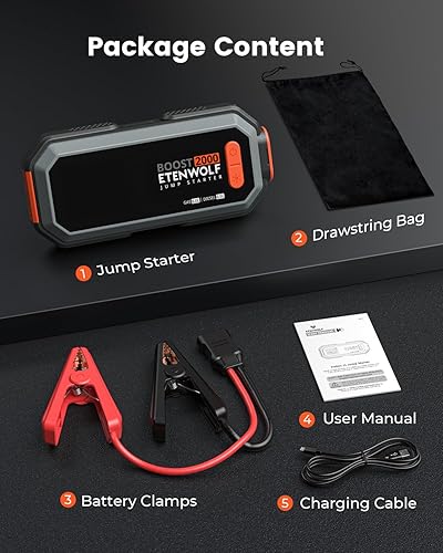 Miniatura 8 de Arrancador de batería de automóvil portátil, caja de salto de pico de 2000 A, arrancador de coche de 12 V para motores de gasolina de hasta 8.0 L y