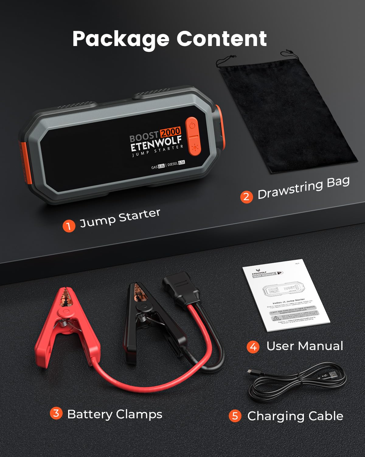 Car Battery Jump Starter Portable, 2000A Peak Jump Box- 12V Car Jump Starter for up to 8.0L Gas and 6.5L Diesel Engines, USB-C Portable Battery Jumper with Jumper Cable, Power Bank, LED Light