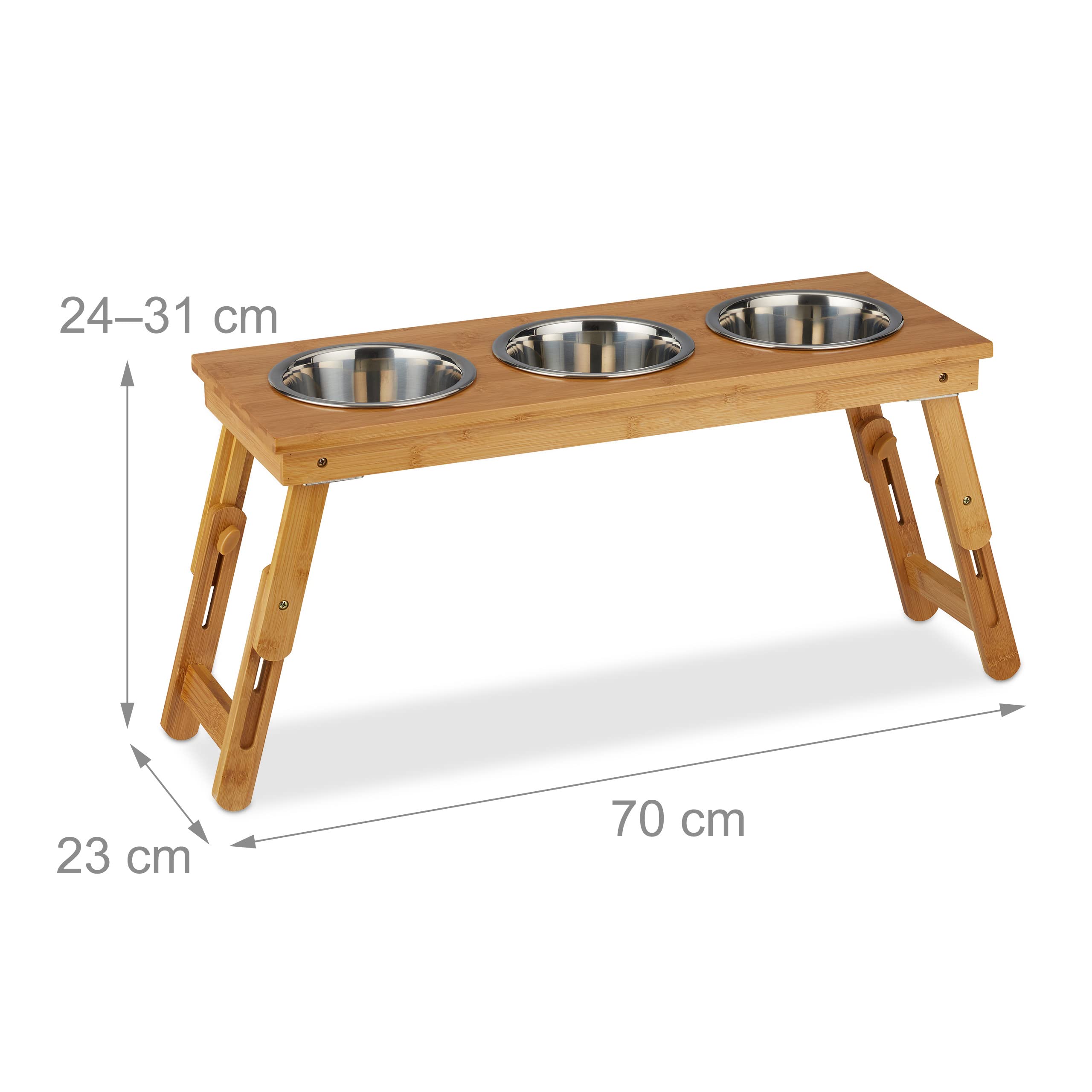 relaxdays Ciotole Rialzate, per Cani di Media Taglia, Acqua & Cibo, Regolabile & Pieghevole, 31x70x23 cm, Legno Naturale
