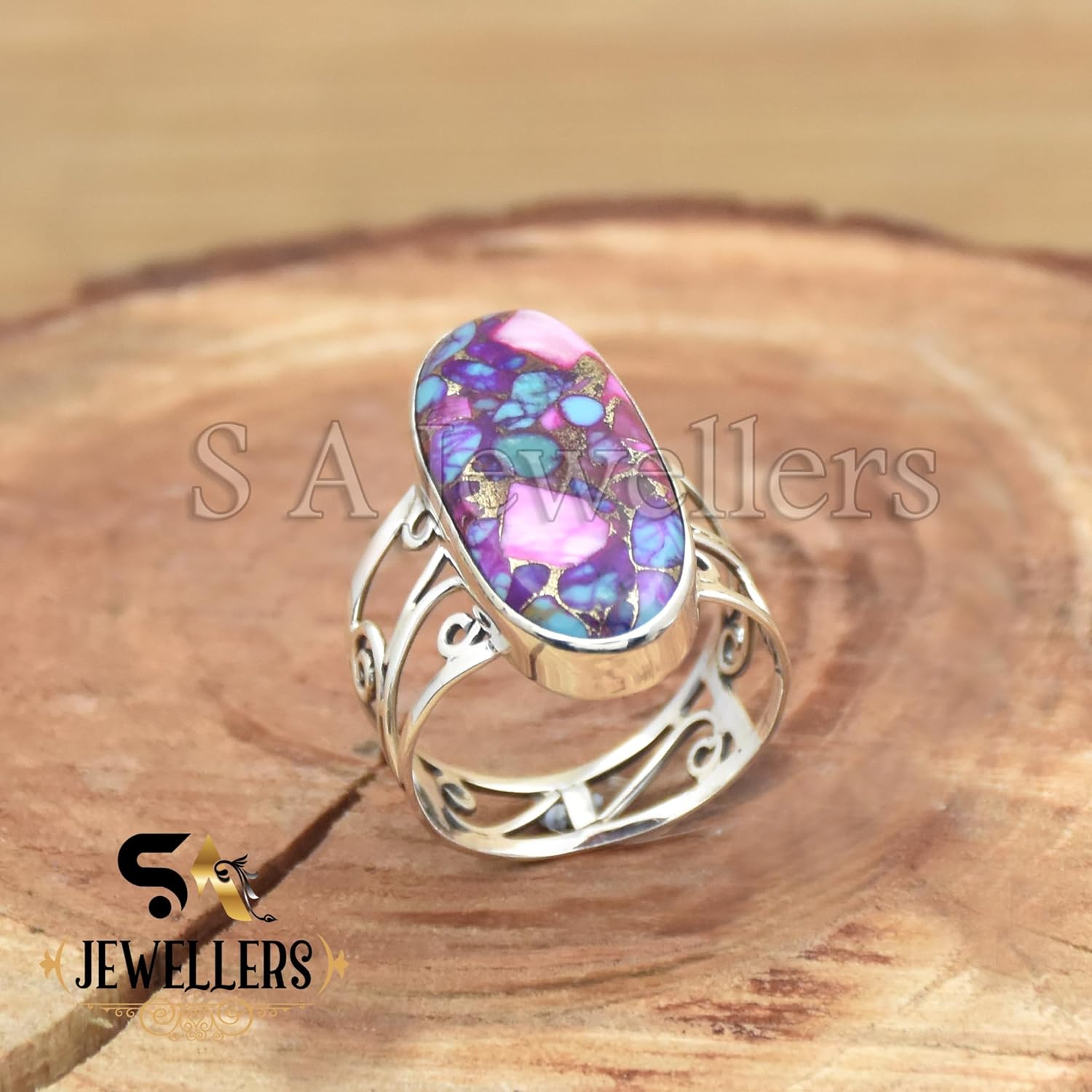 SA Jewellers Sterling Silver Oval Ring with Purple and Blue Turquoise, Handmade Filigree Band, Kingman Pink Dahlia Stone