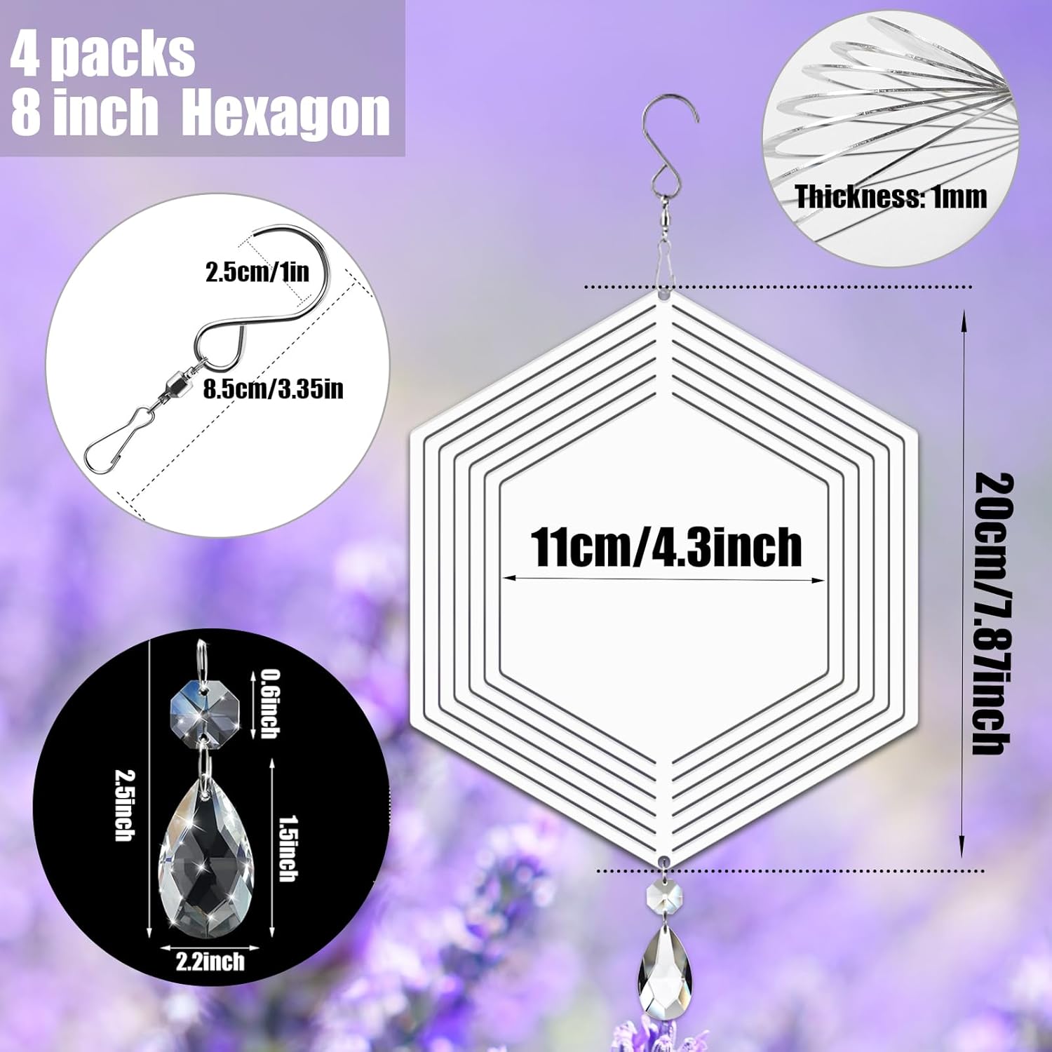 4Pack 8inch Sublimation Wind Spinner Blanks 3D Aluminum Metal Wind Sculpture Kinetic Spinners for Yard and Garden Indoor Art Ornaments Hanging Decoration (Hexagon)