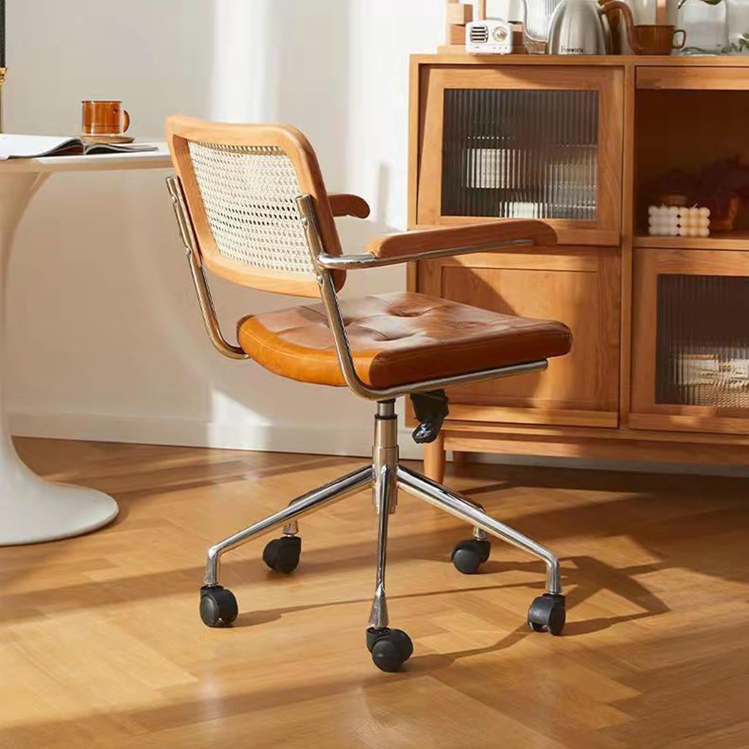 Schreibtischsessel, Retro Bürosessel, Bürostühle Bürostuhl mit Armlehne und Rollen, Schreibtischstuhl Ergonomisch, Leder Bürostuhl 150 kg Belastbarkeit, Stufenlos Höhenverstellbar,Grün Green Grün