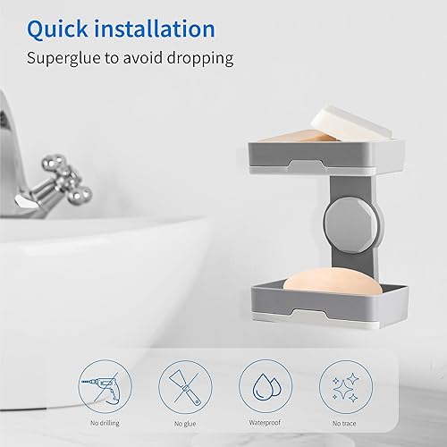 Miniatura 2 de POCEXHH Soporte de jabón montado en la pared, bandeja de jabón, impermeable, sin taladros, soporte giratorio extraíble para jabón de ducha para