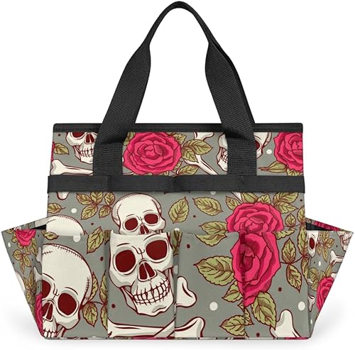 Day of The Dead Skulls Flowers Garden Tool Tote Bag for Women Men Gardening Tool Storage Bags with 10 Pockets Standable Garden Home Tool Kits